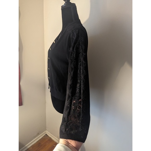 Karl Lagerfeld Paris cropped lace sleeve cardigan sweater - Picture 2 of 8
